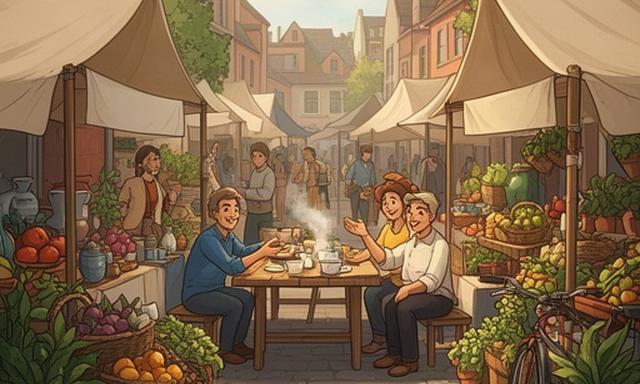 A lively neighborhood market street with canvas stalls, potted plants, and neighbors sharing a table