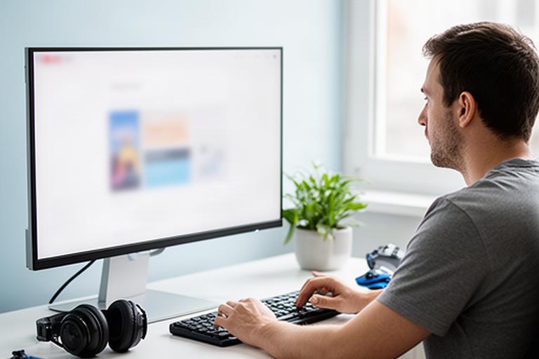 Player seated at a desk in a bright home office, reviewing an online game account on a computer screen